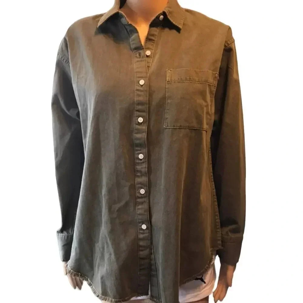 Aerie  Cotton Women Khaki Denim Button Up Blouse Size XS/TP Pocket